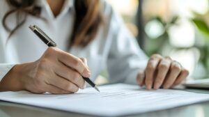 Image on a woman writing with a pen and paper.
